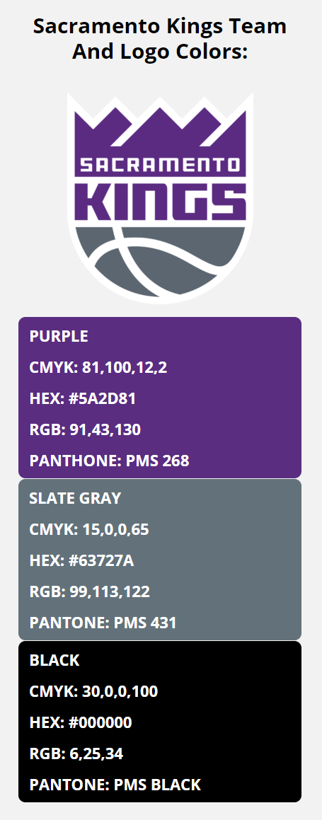 Sacramento Kings Team Colors | HEX, RGB, CMYK, PANTONE COLOR CODES OF ...