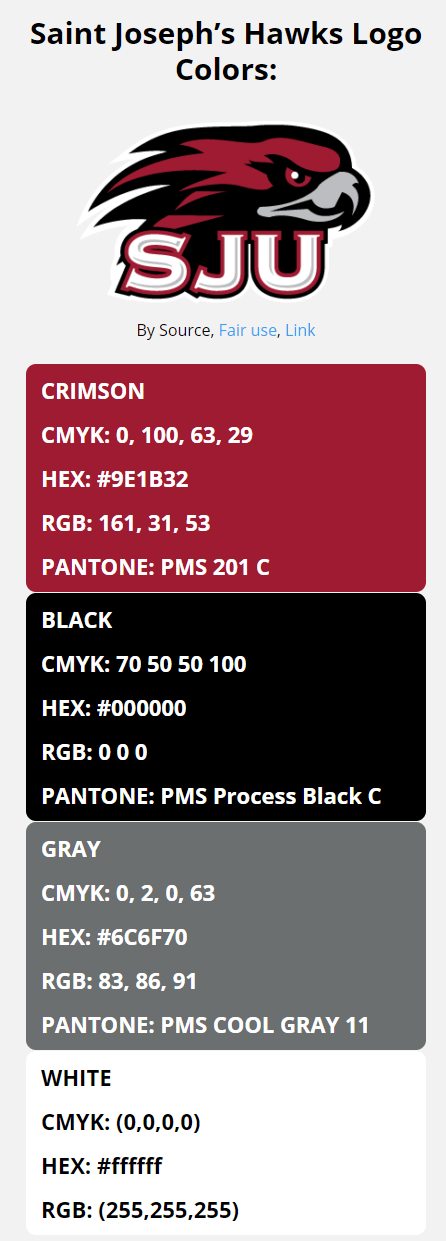 Saint Joseph’s Hawks Team Colors | HEX, RGB, CMYK, PANTONE COLOR CODES ...