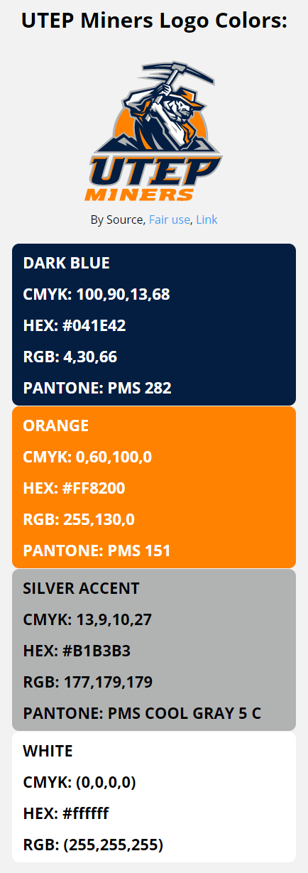 UTEP Miners Team Colors | HEX, RGB, CMYK, PANTONE COLOR CODES OF SPORTS ...