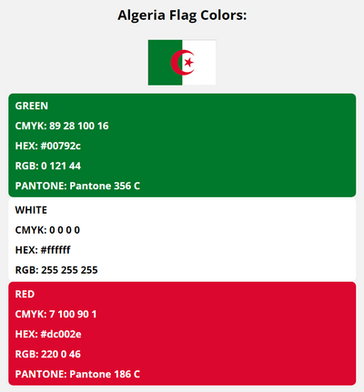 algeria flag colors codes in HEX, CMYK, RGB, and Pantone