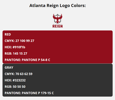 atlanta reign team colors codes in HEX, CMYK, RGB, and Pantone