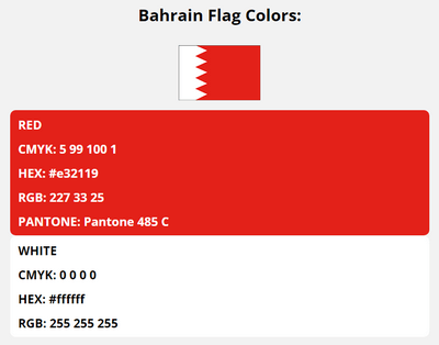 bahrain flag colors codes in HEX, CMYK, RGB, and Pantone