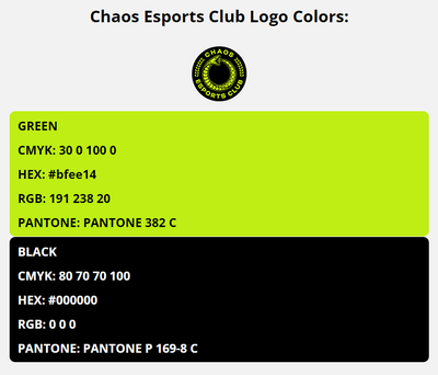 chaos esports club team colors codes in HEX, CMYK, RGB, and Pantone