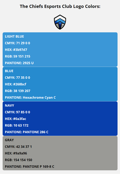 chiefs esports club team colors codes in HEX, CMYK, RGB, and Pantone