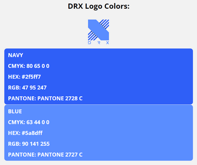 drx team colors codes in HEX, CMYK, RGB, and Pantone