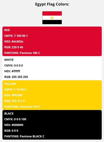 egypt flag colors codes in HEX, CMYK, RGB, and Pantone