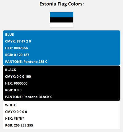 estonia flag colors codes in HEX, CMYK, RGB, and Pantone