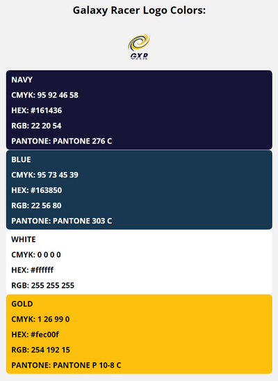 galaxy racer team colors codes in HEX, CMYK, RGB, and Pantone