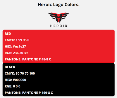 heroic team colors codes in HEX, CMYK, RGB, and Pantone