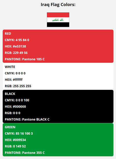 iraq flag colors codes in HEX, CMYK, RGB, and Pantone