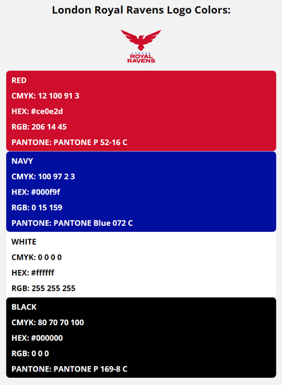 london royal ravens team colors codes in HEX, CMYK, RGB, and Pantone
