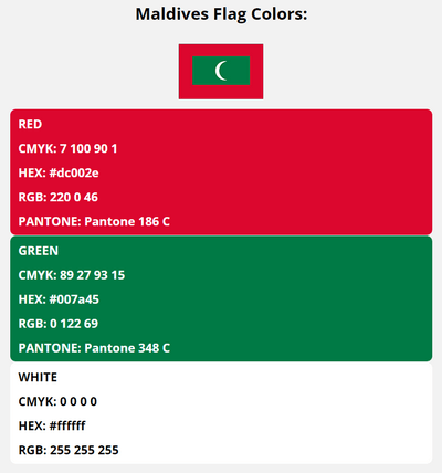 maldives flag colors codes in HEX, CMYK, RGB, and Pantone