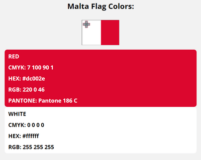 malta flag colors codes in HEX, CMYK, RGB, and Pantone