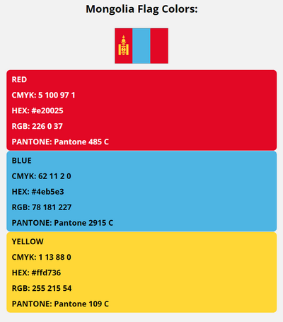 mongolia flag colors codes in HEX, CMYK, RGB, and Pantone