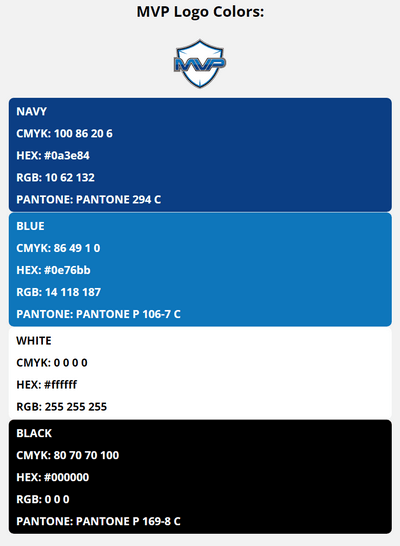 mvp team colors codes in HEX, CMYK, RGB, and Pantone