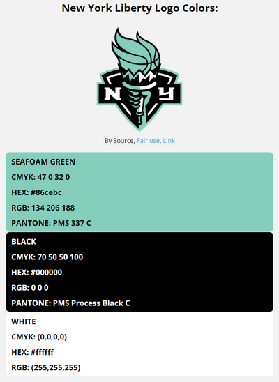 new york liberty team color codes in HEX, RGB, CMYK, and Pantone
