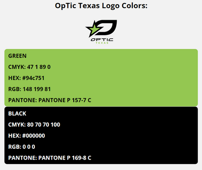 optic texas team colors codes in HEX, CMYK, RGB, and Pantone
