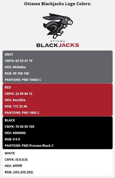 ottawa blackjacks team color codes in HEX, RGB, CMYK, and Pantone