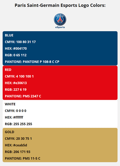paris saint germain esports team colors codes in HEX, CMYK, RGB, and Pantone