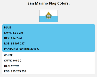 san marino flag colors codes in HEX, CMYK, RGB, and Pantone