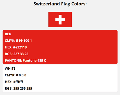 switzerland flag colors codes in HEX, CMYK, RGB, and Pantone