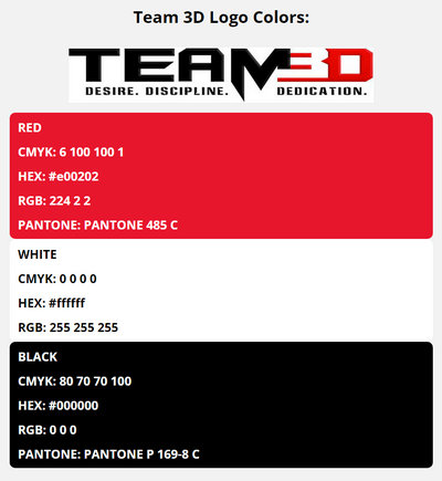team 3d team colors codes in HEX, CMYK, RGB, and Pantone