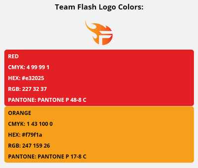 team flash team colors codes in HEX, CMYK, RGB, and Pantone