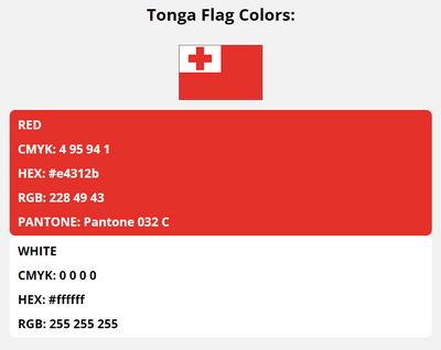 tonga flag colors codes in HEX, CMYK, RGB, and Pantone