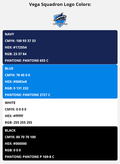 vega squadron team colors codes in HEX, CMYK, RGB, and Pantone