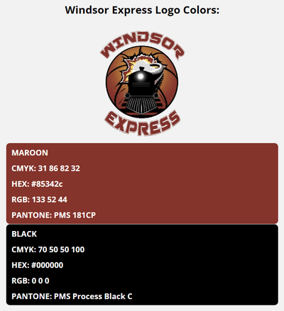 windsor express team color codes in HEX, RGB, CMYK, and Pantone