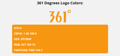 361 degrees brand colors in HEX, RGB, CMYK, and Pantone