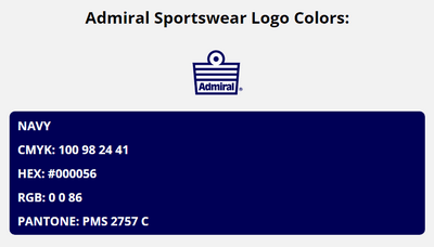 admiral brand colors in HEX, RGB, CMYK, and Pantone