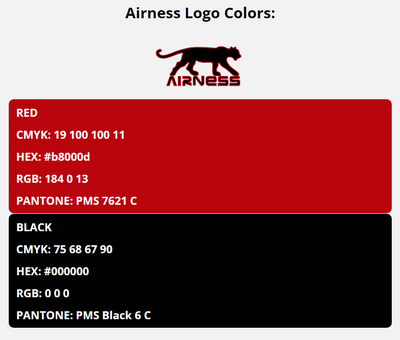 airness brand colors in HEX, RGB, CMYK, and Pantone