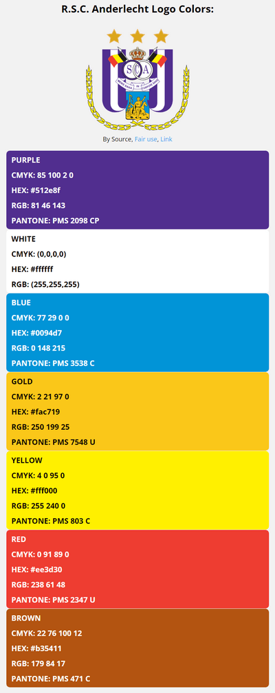 anderlecht team color codes in HEX, RGB, CMYK, and Pantone