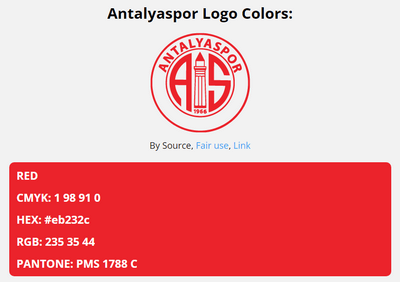 antalyaspor team color codes in HEX, RGB, CMYK, and Pantone