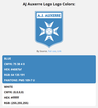 auxerre team color codes in HEX, RGB, CMYK, and Pantone