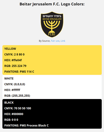beitar jerusalem team color codes in HEX, RGB, CMYK, and Pantone