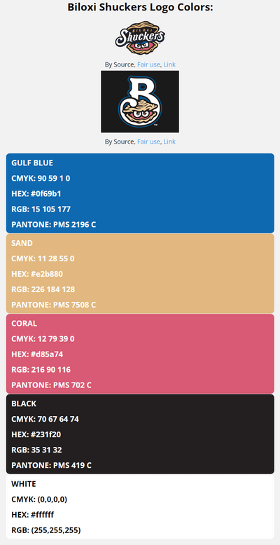 biloxi shuckers team color codes in HEX, RGB, CMYK, and Pantone