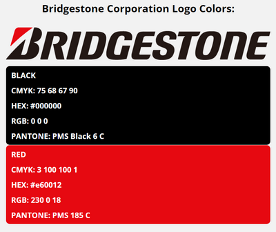 bridgestone brand colors in HEX, RGB, CMYK, and Pantone