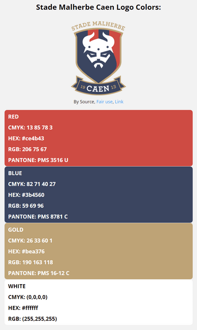 caen team color codes in HEX, RGB, CMYK, and Pantone