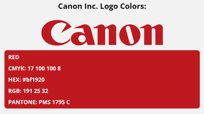 canon brand colors in HEX, RGB, CMYK, and Pantone