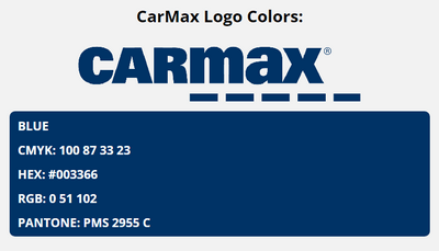 carmax brand colors in HEX, RGB, CMYK, and Pantone