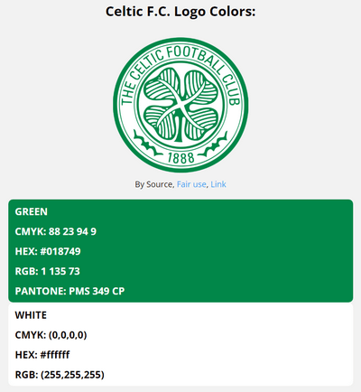 celtic team color codes in HEX, RGB, CMYK, and Pantone