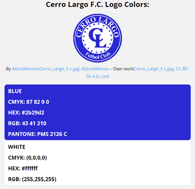 cerro largo f c team color codes in HEX, RGB, CMYK, and Pantone