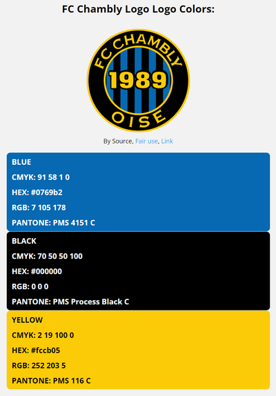 chambly team color codes in HEX, RGB, CMYK, and Pantone