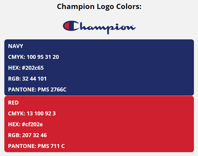 champion brand colors in HEX, RGB, CMYK, and Pantone