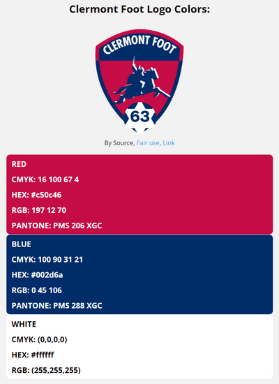 clermont foot team color codes in HEX, RGB, CMYK, and Pantone