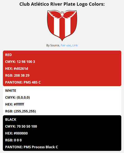 club atletico river plate team color codes in HEX, RGB, CMYK, and Pantone