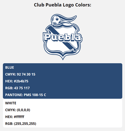 club puebla team color codes in HEX, RGB, CMYK, and Pantone