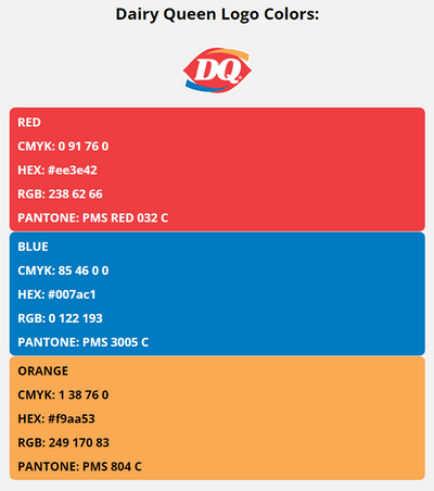dairy queen brand colors in HEX, RGB, CMYK, and Pantone